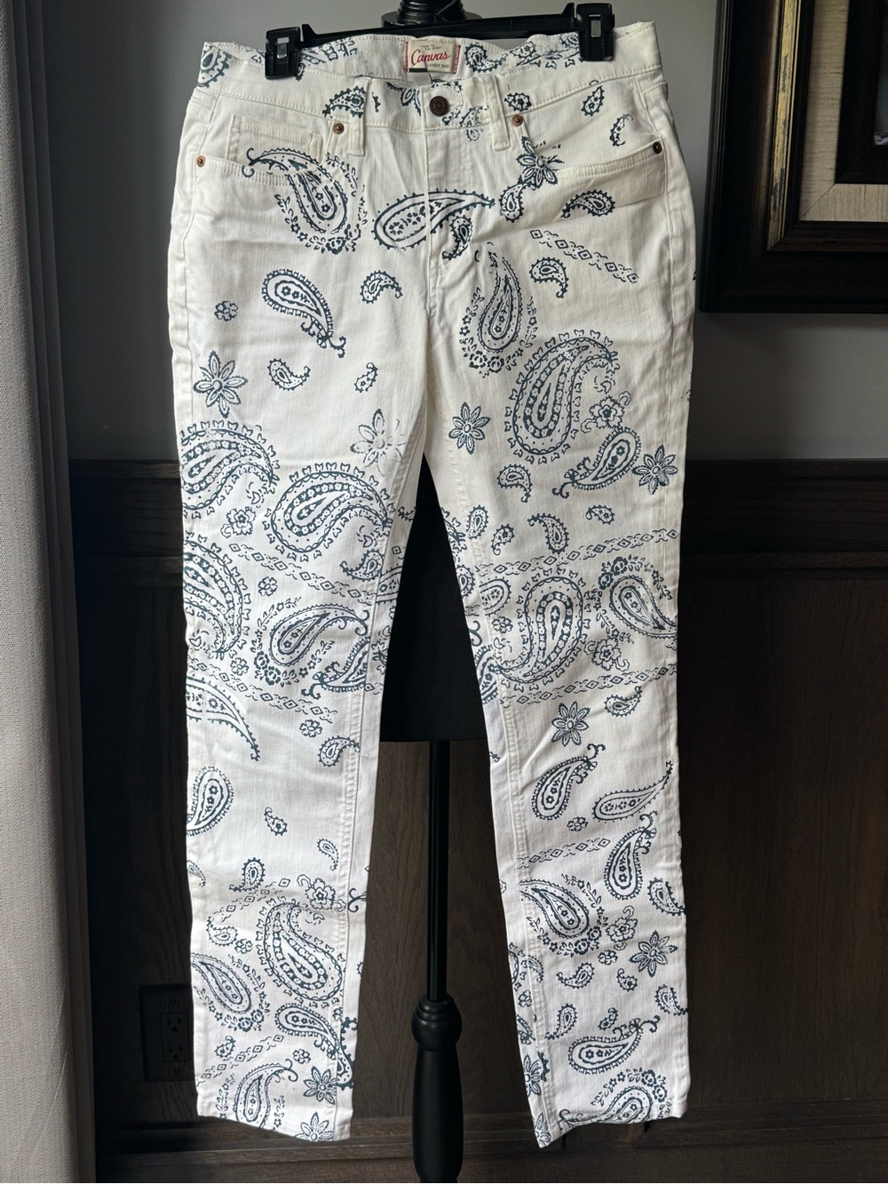 Lands End Canvas White and Blue Paisley Print Jeans 29